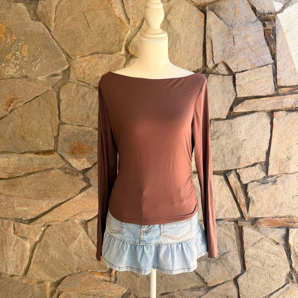 Faded Rose Essentials Brown Boat Neck Long Sleeve Ruched Side Top